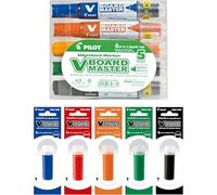 Pilot 30015 V Board Master Marcador Punta de Bala 2mm de Línea Recargable Tinta Líquida Base Brillante Base de Alcohol Paquete de 5 (Negro, Azul, Rojo, Verde, Naranja + Recargas)