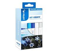 PILOT 3131910574446 Pintor Kit creativo - Marcador decorativo - 8 suspensiones de abeto + 4 marcadores punta fina, azul metal, azul oscuro, blanco y plata