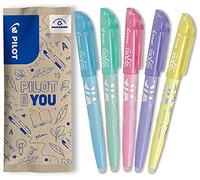 PILOT - 5 FriXion Light Soft - Marcador Borrable - Colores Pastel | Tinta Termosensible - Notas Limpias, Sin Tachaduras - Azul, Verde, Rosa, Violeta, Amarillo - Punta Biselada