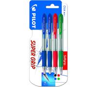 Pilot Bolígrafo Super Grip Retráctil Punta 1mm Recargable Tinta Base de Aceite (Pack 2 Azules, 1 Rojo y 1 Verde)