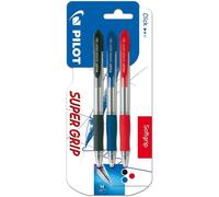 Pilot Bolígrafo Super Grip Retráctil Punta 1mm Recargable Tinta Base de Aceite (Pack Negro, Azul y Rojo)