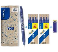 PILOT Caja de 1 FriXion Bal Clicker + 2 Set de 6 recambios + 1 goma -Bolígrafo retráctil borrable con tinta termosensible - Rollerball recargable y ergonómico - Azul - Punta Media