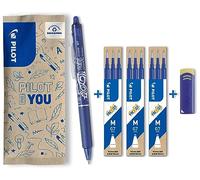 PILOT - Caja de 1 FriXion Ball Clicker + 3 Set de 3 Recambios + 1 Goma - Bolígrafo Retráctil Borrable con Tinta Termosensible - Rollerball Recargable y Ergonómico - Azul - Punta Media