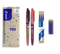 PILOT - Caja de 2 FriXion Ball + 3 Recambios + 1 Goma de REGALO - Bolígrafo Borrable Bonito - Edición Limitada FriXion Friends, Bolígrafo de la Amistad - Amor - Recargable - Tinta Azul - Punta Media