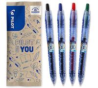 PILOT - Caja de 4 B2P Gel - Roller Retráctil y Recargable - Hecho con Botellas - Tinta de Gel para una escritura óptima - Begreen - Negro, Azul, Rojo, Verde - Punta media