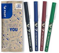 PILOT - Caja de 4 V7 - Bolígrafos de Tinta Líquida - Punta de Aguja Media para Escritura Suave y Precisa - Secado Rápido - Antimanchas - Negro, Azul, Rojo, Verde - Punta media (0,7 mm)