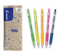 PILOT - Caja de 5 Pop'Lol - Bolígrafos Roller Tinta Gel - Retráctiles y Recargables - Escritura Suave y Confortable - Colores Neón Verde, Amarillo, Naranja, Rosa + Azul - Punta Media