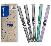 PILOT - Caja de 5 V5 - Bolígrafos roller con tinta líquida - Punta de aguja Fina para Escritura Suave y Precisa - Secado rápido, antimanchas - 3 Negro, 1 Verde, 1 Morado - Punta Fina (0,5mm)