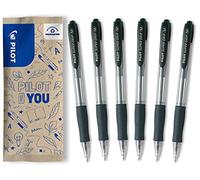 PILOT - Caja de 6 Bolígrafos Super Grip - Bolígrafo Recargable y Retráctil - Negro - Punta Media