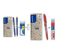 PILOT Flowpack 2 uds FriXion Clicker, 1 Set de 6 recargas & 1 goma - Bolígrafo borrable - Azul - Punta Media, Juego de 9 piezas & FriXion Ball - Bolígrafo de tinta borrable, color rojo inkl. 3 Minen