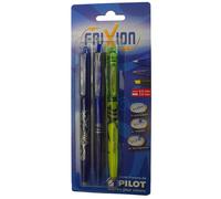 Pilot Frixion 2270B3I - Juego de bolígrafos y subrayador (1 bolígrafo clicker y 1 bolígrafo roller azules, 1 subrayador amarillo)