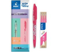 PILOT Frixion FR7 - Bolígrafo de punta rodante borrable por calor/fricción - Línea media punta de 0,7 mm - En envase de regalo con sobre - Paquete de 1 bolígrafo + 3 recambios (Rosa)
