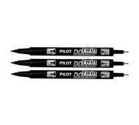 Pilot - Lote de 3 bolígrafos de fieltro Twin Marker indeleble negro - 2 puntas ojivas: 1 punta fina y 1 punta media
