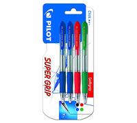 Pilot Supergrip - Bolígrafo retráctil. Tinta base aceite, Azul - Azul - Rojo - Verde, 4 unidades