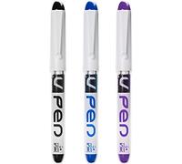 Pilot V Pen - Juego de 3 plumas estilográficas desechables borrables punta 0,6 mm, punta media, tinta negra, azul y violeta