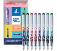 PILOT V PEN - Pluma estilográfica desechable borrable, punta de punta de 0,6 mm, línea media, paquete de 8, negro, rojo, rosa, violeta, azul, pavo real y verde, en embalaje de regalo