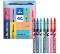PILOT V5 Hi-Tecpoint - Bolígrafo de punta fina de 0,5 mm, paquete de 7 en paquete de regalo, tinta negra, azul, azul claro, verde, violeta, rosa y roja
