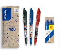 PILOT x NARUTO - Caja de 3 uds FriXion Ball, Negro, Azul, Rojo + 1 Set de 6 recambios azules - Bolígrafo borrable - Naruto Shipudden Edición Limitada - Bolígrafos roller recargables - Punta media