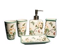 PINCHU Juego de Accesorios de Baño, 5 Piezas Set de Accesorios de Baño de Cerámica de Lujo, Soportes para Cepillos de Dientes, 2 Vaso, Dispensador de Jabón Líquido o Loción, Jabonera