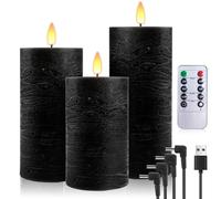 PinnWaa Velas LED Recargables 3 Piezas, Cera Real, Efecto Llama 3D, Noir | USB Recargable con Control Remoto, Temporizador 2/4/6/8H, Luz Parpadeante,Vela Sin Llama,Decoración Interior, Ambiente Cálido