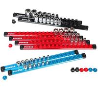 PINOZE Juego de 8 organizadores magnéticos de 1/4, 3/8, 1/2, bandejas de aleación de aluminio para cajón de caja de herramientas, kit de estante de enchufes con 114 clips para garaje automotriz (azul