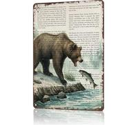 Pintura De Hojalata Placa Ilustración De Un Oso Pescando Salmones En Un Río. Citas. Letrero De Estaño Divertida Retro Cartel De Chapa Pared Muestra Placa Para Taller, Salón, Hogar 20x30cm