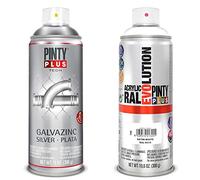 PINTYPLUS TECH - Pintura spray galvanica 520cc. Plata G150/738 + Pintura spray Acrílica Satinada 520cc Satin white Ral 9010