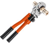 Pinza de presión para tubos de cobre - Prensa hidráulica para tubos - 8 toneladas / 80 kN - 5 mordazas en V (V12–V28) - Ø12/15/18/22/28 mm - Carrera de 15 mm - Acero 41Cr4 - Color naranja