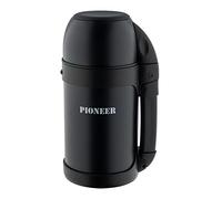 Pioneer Termo aislado al vacío para exteriores, a prueba de fugas, doble pared, acero inoxidable, 8 horas, caliente o frío, con asa extensible, correa y taza, color negro, 1 litro