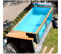 Piscina contenedor de envío con ventana de visualización lateral, piscina de lujo sobre el suelo de 20 pies, piscina modular de acero prefabricada con cascada integrada y luces LED