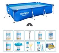Piscina de acero rectangular: 300 x 201 x 66 cm. Color azul. Incluye: generador de cloro, kits de prueba, kit de reparación, cepillo de limpieza, medidor de pH y termómetro