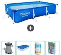 Piscina de acero rectangular para profesionales: 300 x 201 x 66 cm, color azul. Incluye bomba, cubierta, cloro y manual de instrucciones de la piscina