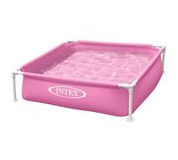 Piscina desmontable pequeña INTEX color rosa, medidas 122x122x30cm, forma cuadrada, incluye tapón para desagüe y parche de reparación, capacidad de 342L