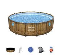 Piscina Desmontable Tubular Bestway Power Steel Diseño Madera 488x122 Cm Depuradora Cartucho 5.678 L/h Cobertor Y Escalera