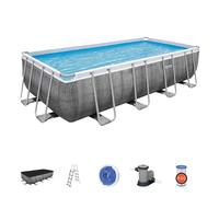 Piscina Desmontable Tubular Bestway Power Steel Ratán 549x274x122 Cm con Depuradora Cartucho 5.678 L/H con Cobertor y Escalera - Piscina Rectangular Resistente Al óxido Gray 549x274x122cm.
