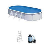 Piscina elevada de acero galvanizado blanca ovalada 7.3x3.75x1.2 m con depuradora de arena y escalera de seguridad gre