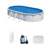Piscina elevada de acero galvanizado blanca ovalada 7.3x3.75x1.3 m con depuradora de arena y escalera de seguridad gre
