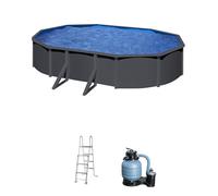 Piscina elevada de acero galvanizado gris ovalada 6.1x3.75x1.2 m con depuradora de arena y escalera de seguridad gre