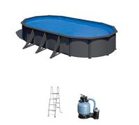 Piscina elevada de acero galvanizado gris ovalada 7.3x3.75x1.2 m con depuradora de arena y escalera de seguridad gre