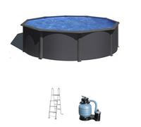 Piscina elevada de acero gris redonda ø 4.6x1.2 m con depuradora de arena y escalera de seguridad gre