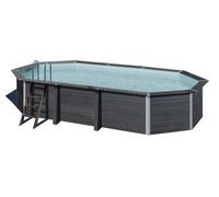 Piscina elevada de composite gris ovalada 6.18x3.38x1.21 m con depuradora de arena y escalera de seguridad gre