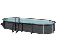 Piscina elevada de composite gris ovalada 7.58x3.4x1.21 m con depuradora de arena y escalera de seguridad gre