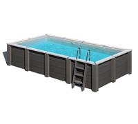 Piscina elevada de composite gris rectangular 5.6x2.8x2.8 m con depuradora de arena y escalera de seguridad gre
