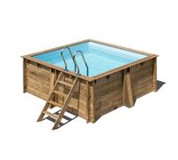 Piscina elevada de madera marrón cuadrada 2.73x2.73x1.16 m con depuradora de arena y escalera de tijeras gre