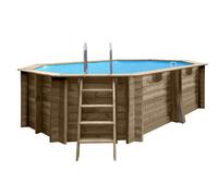 Piscina elevada de madera marrón ovalada 3.87x2.86x1.14 m con depuradora de arena y escalera de tijeras gre