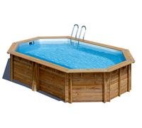 Piscina elevada de madera marrón ovalada 4.87x2.86x1.14 m con depuradora de arena y escalera de tijeras gre