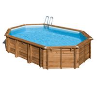 Piscina elevada de madera marrón ovalada 6.08x4.08x1.27 m con depuradora de arena y escalera de tijeras gre
