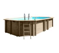 Piscina elevada de madera marrón ovalada 6.23x4.23x1.42 m con depuradora de arena y escalera de tijeras gre