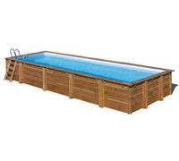 Piscina elevada de madera marrón rectangular 9.65x3.71x1.42 m con depuradora de arena y escalera de tijeras gre
