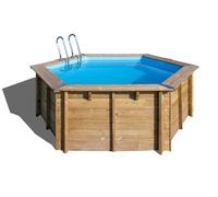 Piscina elevada de madera marrón redonda ø 3.43x1.16 m con depuradora de arena y escalera de tijeras gre